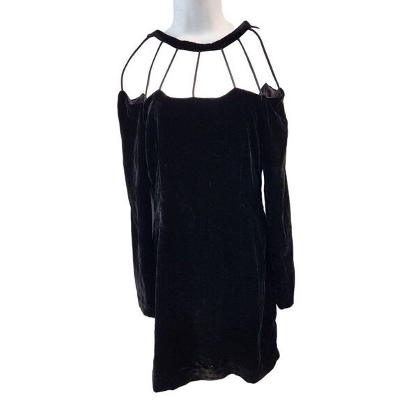 Momoshero Black Long Sleeve Cage Neck Cut Out Velvet Mini Sheath Dress M Italy - Picture 1 of 8